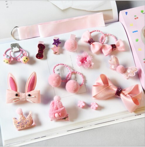 Kinderen Accessoires 18 Stks/sets Prinses Baby Kids Meisje Baby Hoofdband Grosgrain Haarelastiekjes Clips Haar Clips Touw Set: Roze