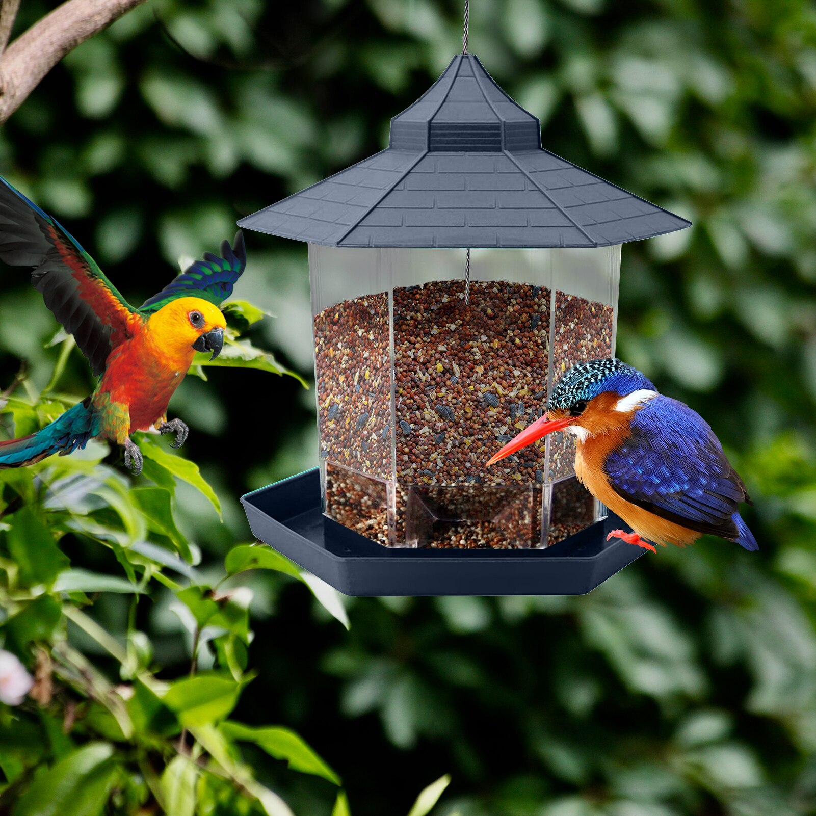 Hanging Bird Feeder Gazebo Wild Bird Feeders Hexagon Shaped with Roof for Garden Yard Outside Decoration