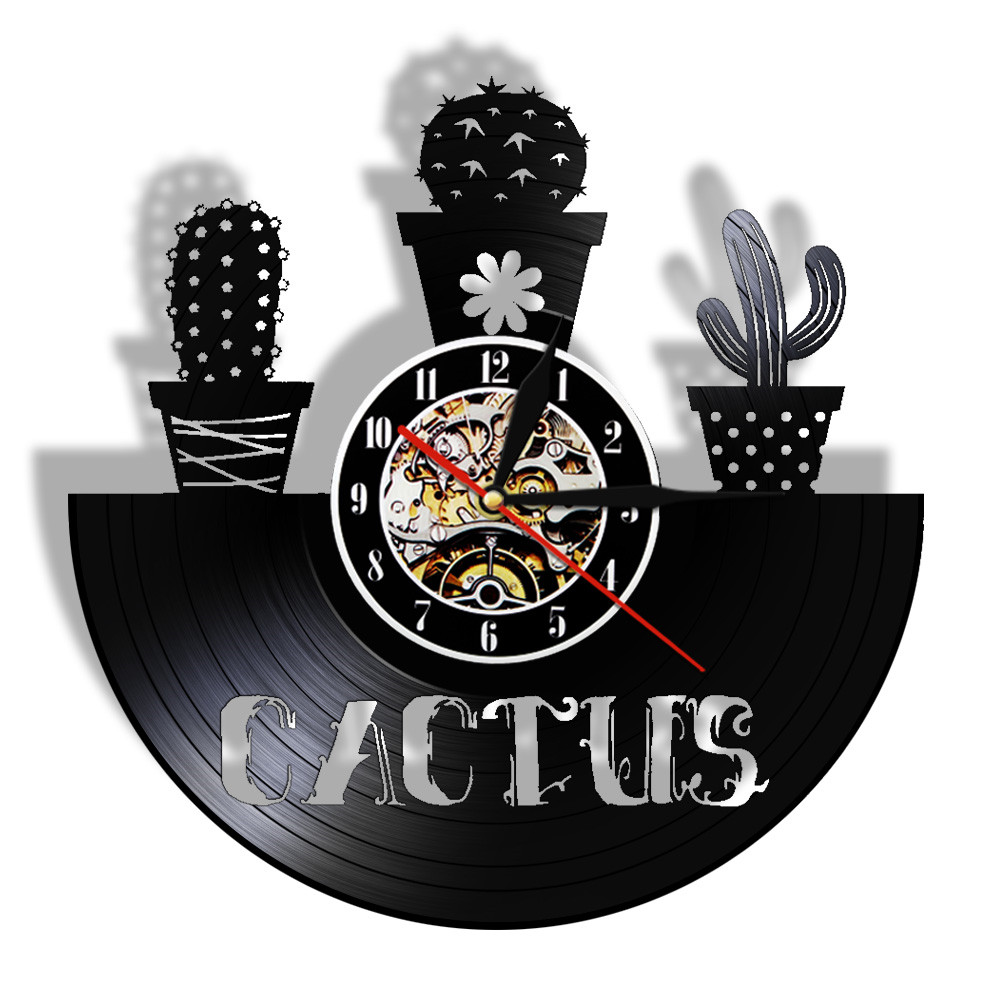 Kunst kaktus vintage vinyl plate veggklokke natur plante saftig veggkunst dekorativ klokke kaktus rom veggdekor klokke: Uten ledet