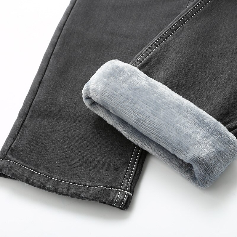 Vinter mænd varme grå jeans elasticitet tykkere skinny plus fløjl denim bukser tøj til mænd