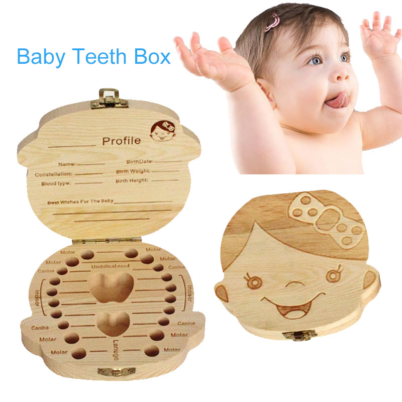 1 stk spansk engelsk russisk baby træ tandkasse mælketænder opbevaring indsamle legetøj tænder navlestreng gem legetøj til baby barn