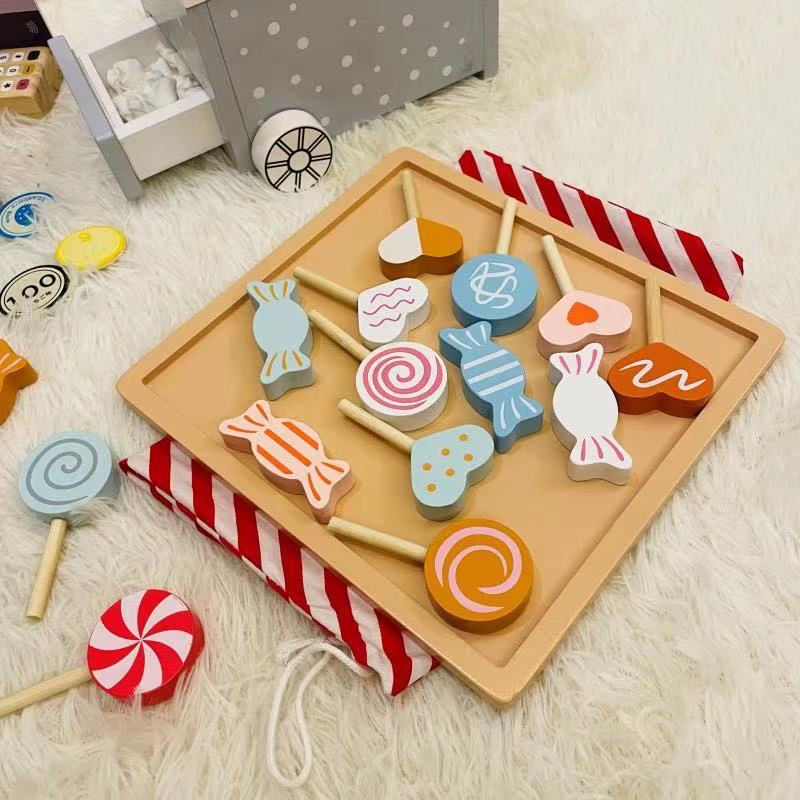 Nowy mini zestaw kuchenny dom zabaw sprzedaż koszyka zestawy cukierków drewniane zabawki prażona kukurydza drewniane przybory kuchenne zabawki dla dziewczynek