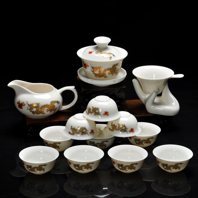 14 Piece Kung Fu Tea Set, Chinese Include White Ceramic Glazed Porcelain Dragon 10pcs Tea Cups and Teapot