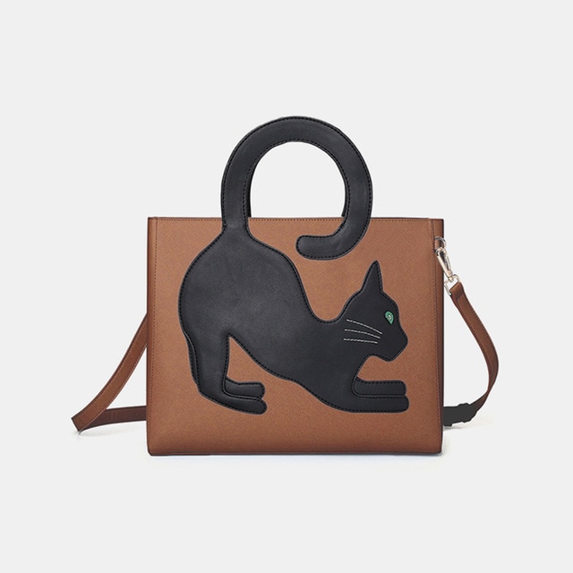 Sac à main femme motif chat sac à bandoulière femme queue de chat sac à main à motifs sac à bandoulière en cuir PU sac messager à fermeture éclair porte-documents: brown