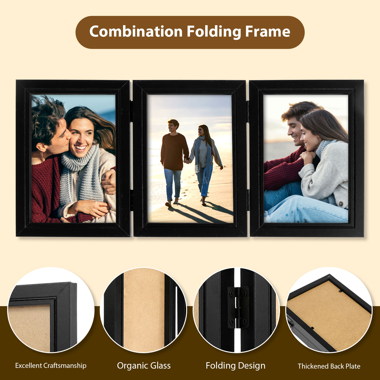 Double/Triple Photo Frame 180° Foldable Hinged Picture Frame Stand Vertically on Desktop Photo Frame with Glass Front Black