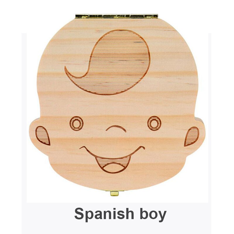 Wooden Baby Tooth Box Russian/English/Spanish Boy Girl Kids Tooth Organizer Collecting Teeth Storage Box: Spanish boy