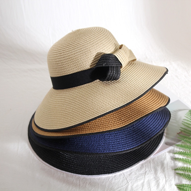 Bowknot sort hvid strå solhat dame sommer strand solskærms hatte oversize bred skygge hatte til kvinder