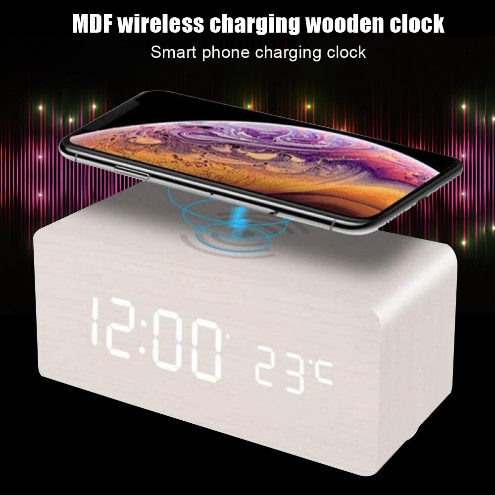 LED Electric Alarm Clock Wood Digital Desk Clock Thermometer Qi Wireless Charger Wireless Charging Pad Station With Date Display