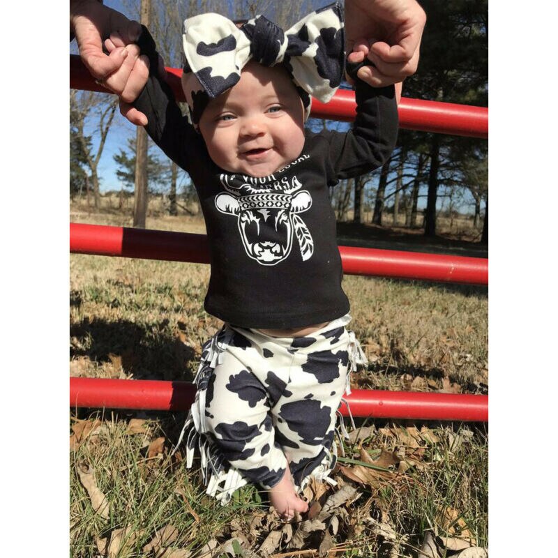 Nyfødt baby pige dreng ko t-shirt kvaster bukser pandebånd outfits tøj sæt