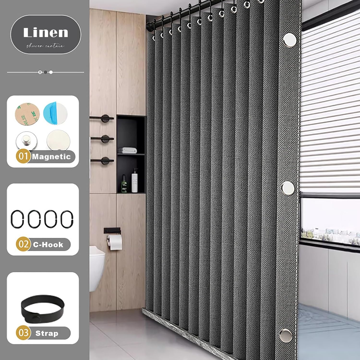 Cortina de ducha de lino plegable para baño con imanes, resistente al agua, adecuada para ducha que no incluye varilla telescópica
