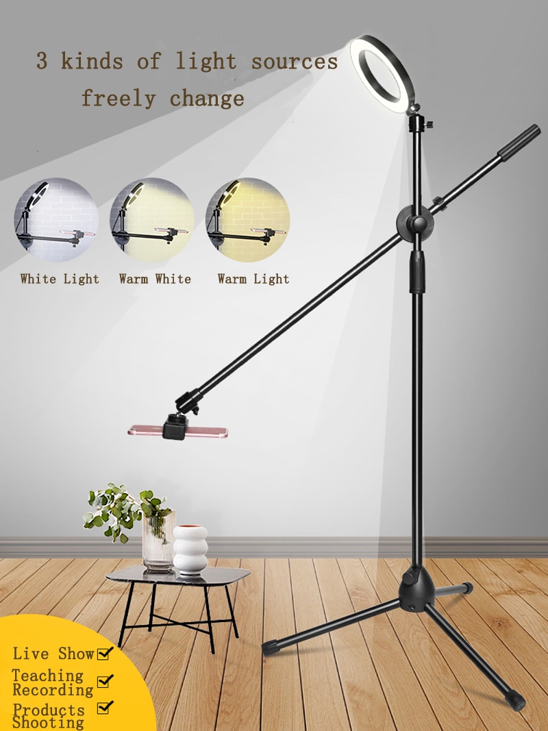 Phone Photography Beauty LED Ring Light Lamp Dimmable Adjustable Shooting Boom Arm Photo Light Studio Stand Tripod Holder Kit