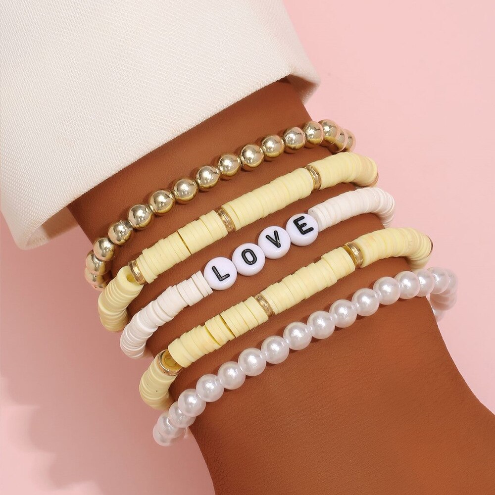 Conjunto de pulseras apilables de arcoíris para mujer, dije de corazón, arcilla suave, cuentas de capas de cerámica, brazalete de cadena, joyería Bohemia femenina: Color amarillo claro