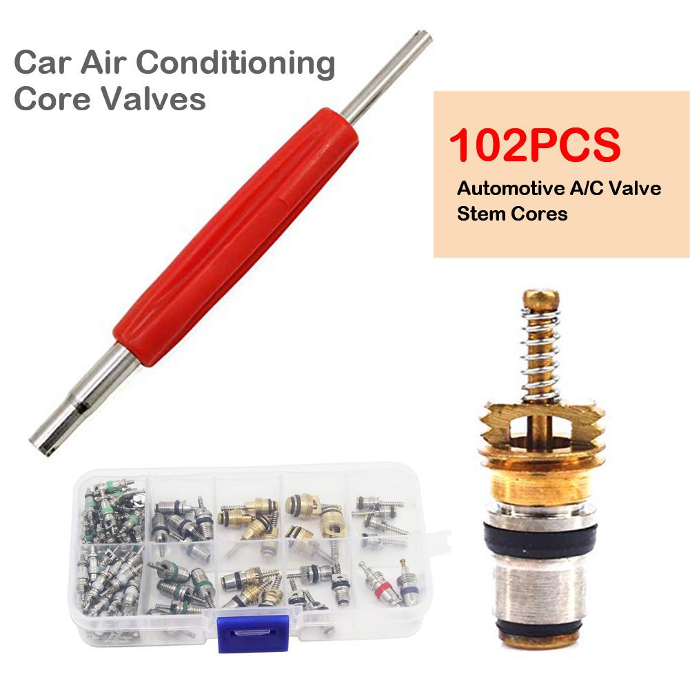 Car Air Conditioning Core Valves 102PcsR12 R134A Automotive A/C Valve Stem Cores w/Removal Tool for Car Air Contitionaing Repair