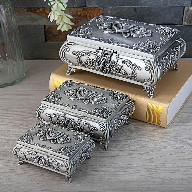 Metal European retro large jewelry box high-grade stereo with lock tin storage Multi-function Jewelry Storage Box