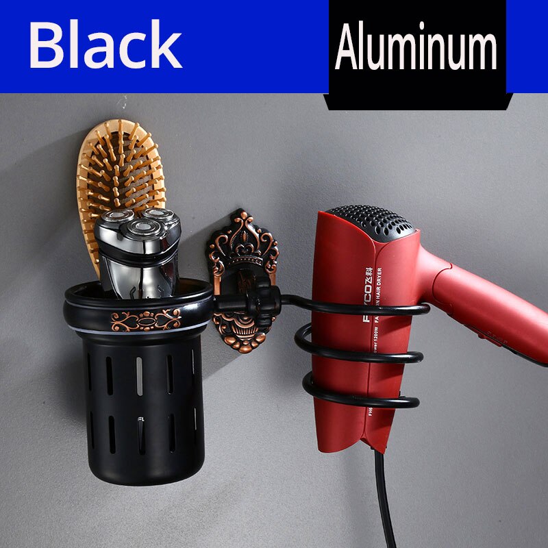 Antieke Föhn Houder Met Cup Aluminium Badkamer Plank Metalen Föhn Rack Huishoudens Haar Föhn Houder Accessoires: Black with Cup