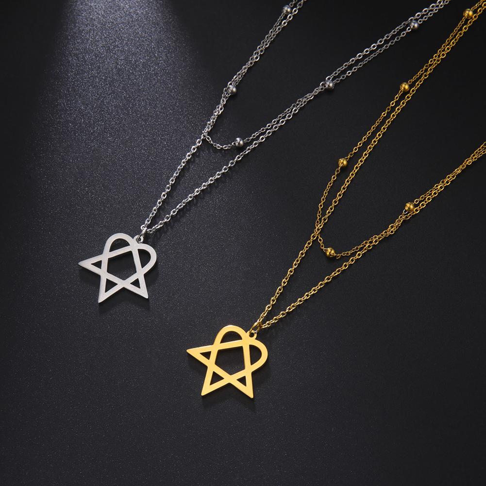 Lucktune-Collar colgante Heartagram estrella Collar de cadena pentagonal de corazón de acero inoxidable para mujeres de joyería de pareja