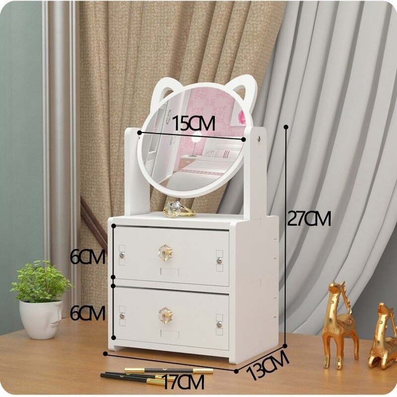 Rotate Wooden Cute Make-up Mirror DIY Installation Assembly Desk Dressing Mirror Women Portable Large Cosmetic Storage Box Shelf