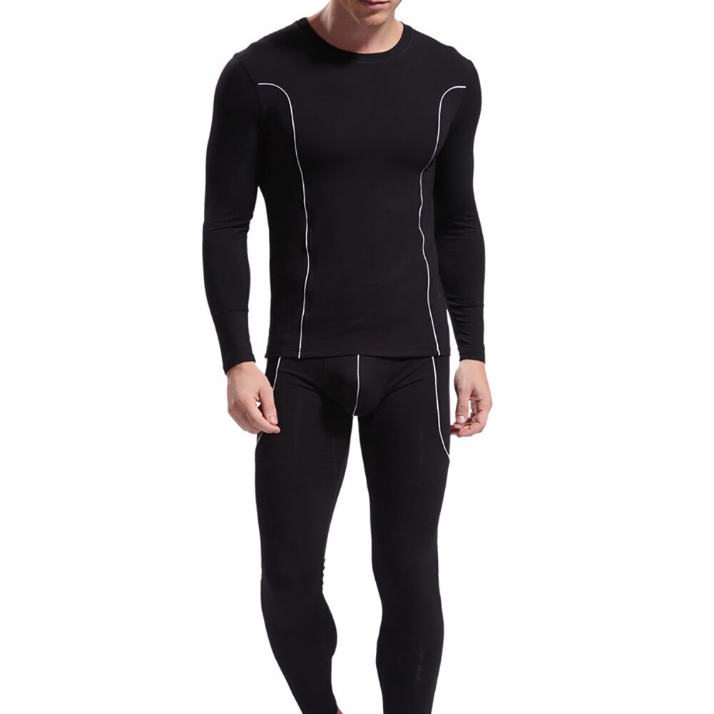 Men Stripe Pattern Long Sleeve Thermal Underwear Slim Top Pants Sets for Men Winter Clothing Men: Black / L