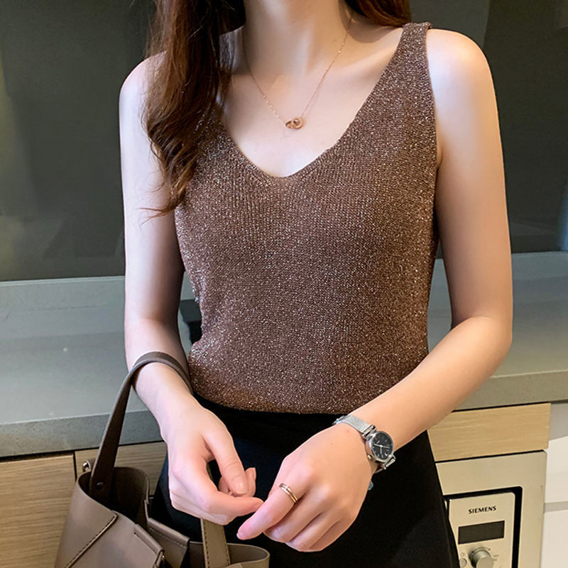 Canotta in seta di ghiaccio da donna 2025 Estate Nuovo maglione lavorato a maglia con scollo a V Interno che copre la pancia Camicia base All-match Top dimagrante Esterno We: S / Grigio