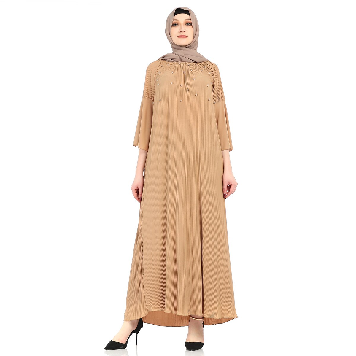 Blauw Zwart Kaki Maroon 142cm Lange Abaya Gebreide Elastische Materiaal Moslim Jurk: Khaki / XL