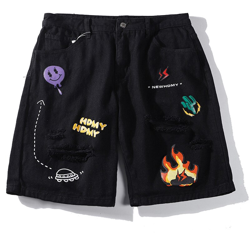 Summer Denim Harem Shorts Men Lightning Flame Print Hip Hop Knee Length Ripped Hole Streetwear Pockets Beach Shorts: Black / L