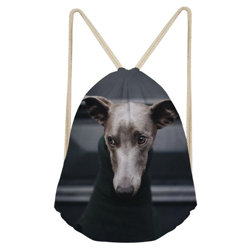 Whereisart 3d dyr hund mørkegrå italiensk greyhound print skolepiger snøre taske små dametasker til softback rygsæk: Y0815 z 3