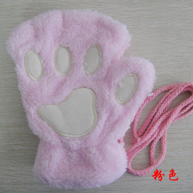 Gants de dessin animé chat fille, mitaine épaisse peluche ours patte demi-doigt G22: Pink