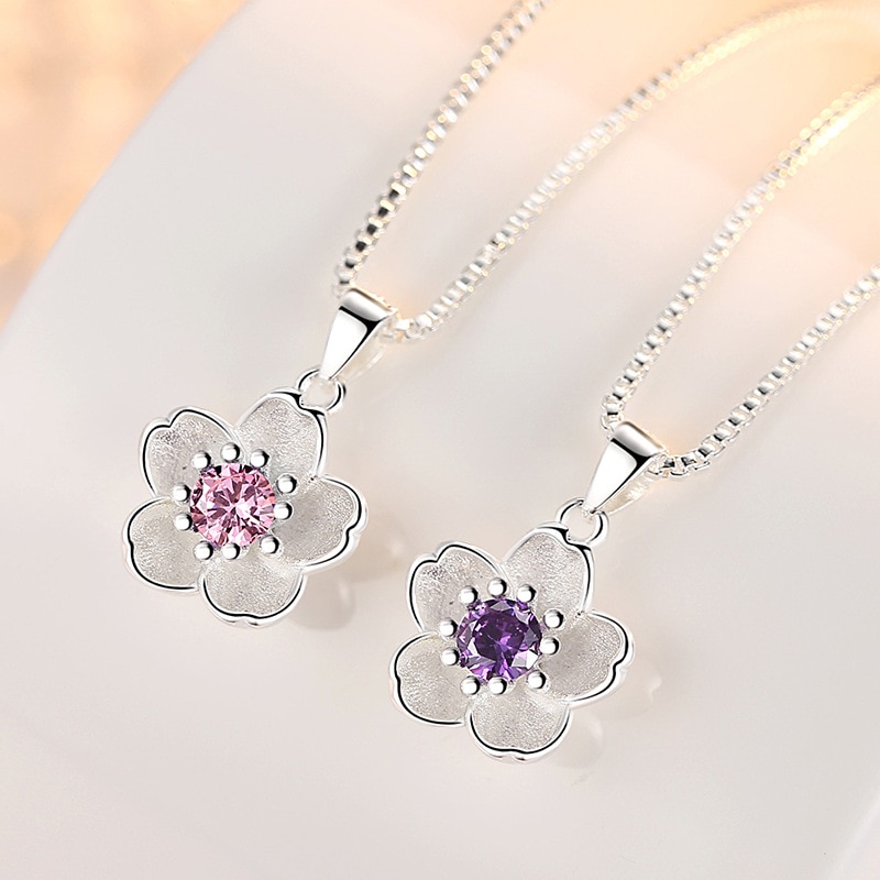 100% 925 Sterling silber glänzend kristall kirschblüzehn blume Damen'Anhänger halsketten frauen kurze Kasten kette hochzeit