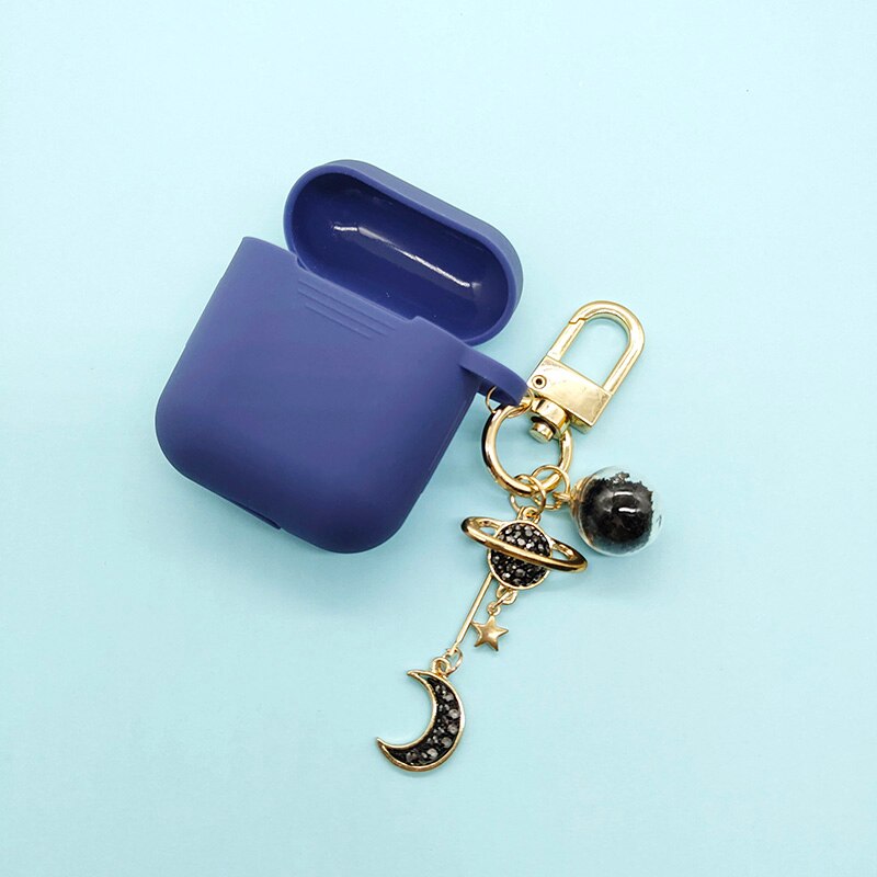 Luxury Diamond Moon Silicone Case for Apple Airpods Case Accessories Bluetooth Earphone Headphones Protect Cover Pearl Key Ring: Dark Blue