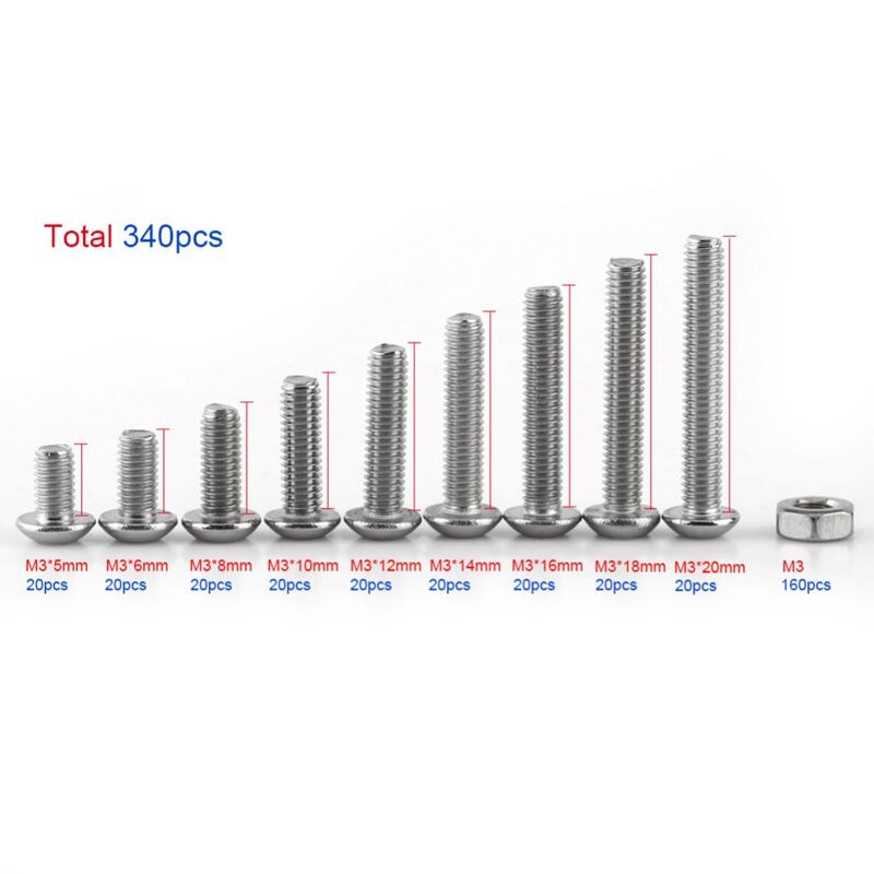 340pcs M3 Hex Socket Screw Nut Stainless Steel M3 Screws Nuts Assortment Kit Fastener