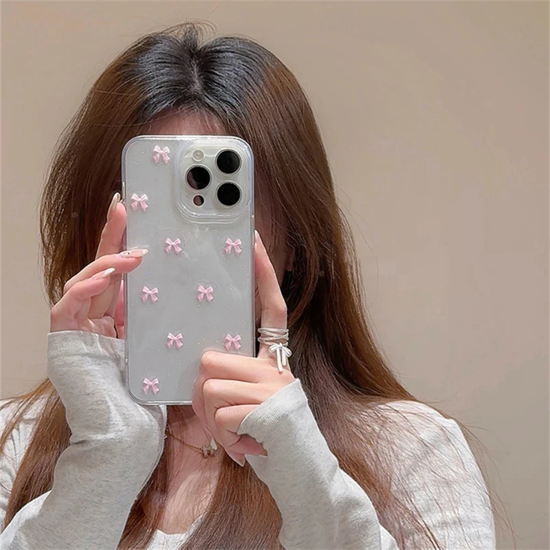 Funda de teléfono con lazo rosa para niña de Corea, funda transparente suave a prueba de golpes para iPhone 17 16 Pro Max 15 14 Plus 13 12 11 Pro 7 8 SE 2022