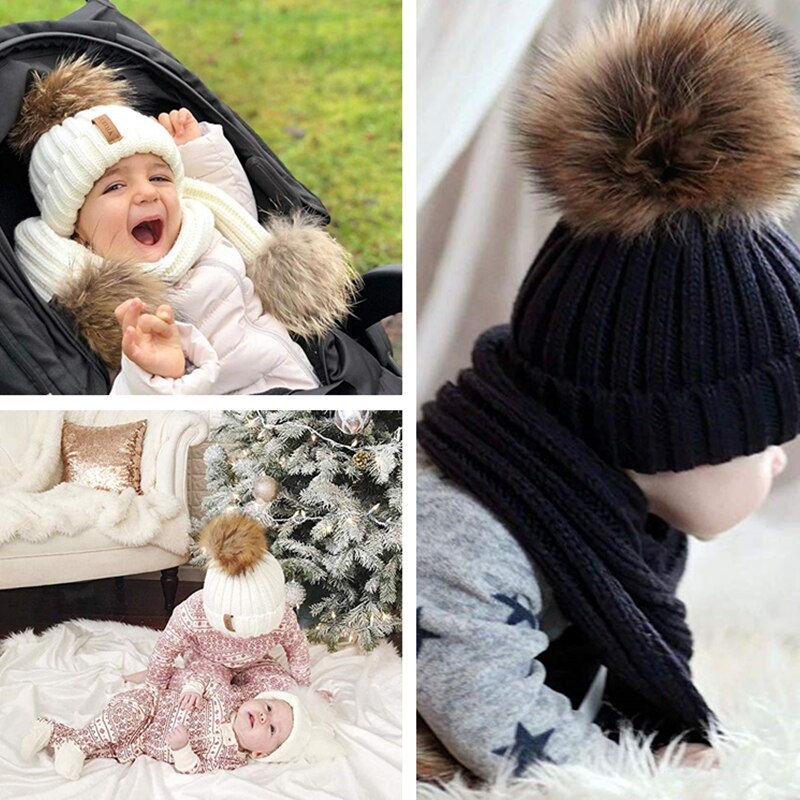 FURTALK Winter Kinderen Hoed Beanie Echte Wasbeer Bont Pompom Hoed en Sjaal Meisjes Bont Hoeden Jongens Caps Sjaals HTWL029