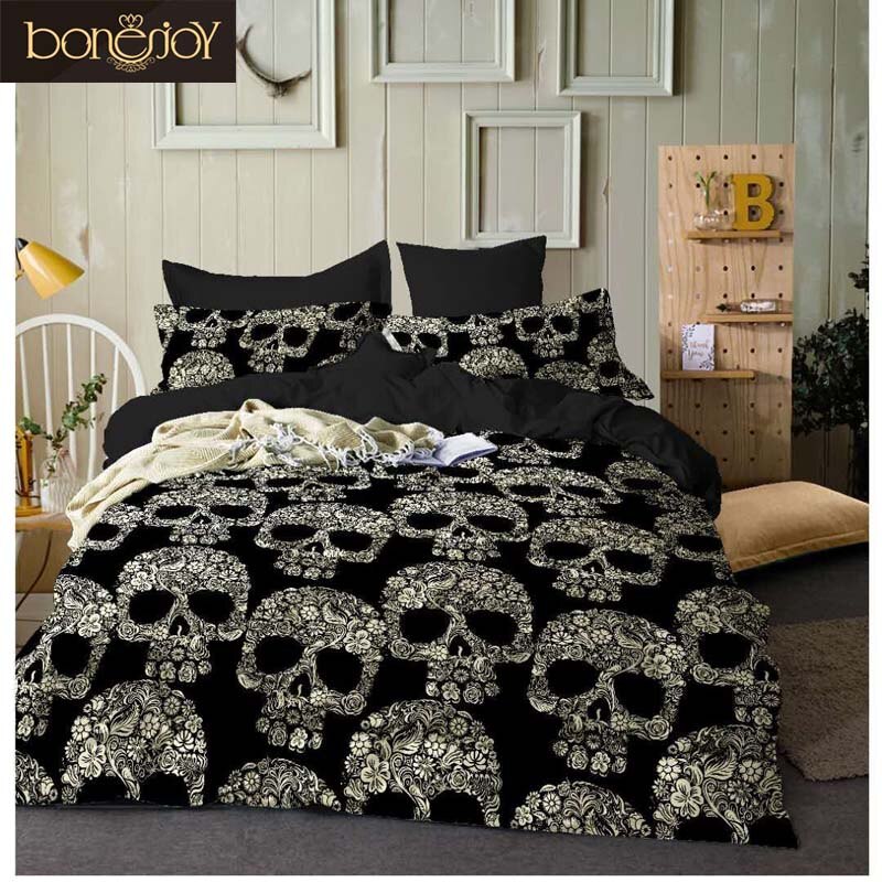 Bonenjoy sort farve dynebetræk queen size luksus sukker kraniet sengetøjssæt king size 3d kraniet sengetøj og sengesæt
