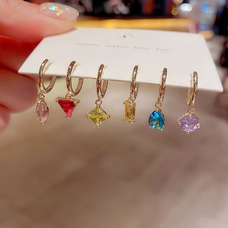 ANENJERY 6pcs Dainty Color Zircon Hoop Earring Set for Women Asymmetric Geometric Shape Earrings Gold Color Jewelry S-E1293