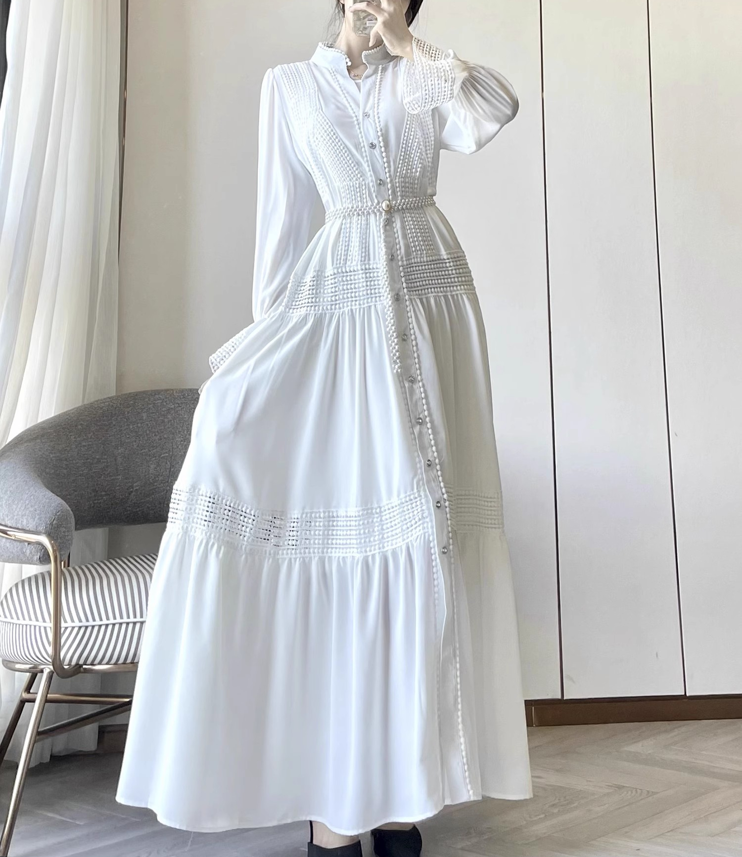 Vintage lös vit klänning bodycon enkelknäppt damkläder catwalk maxi vestidos