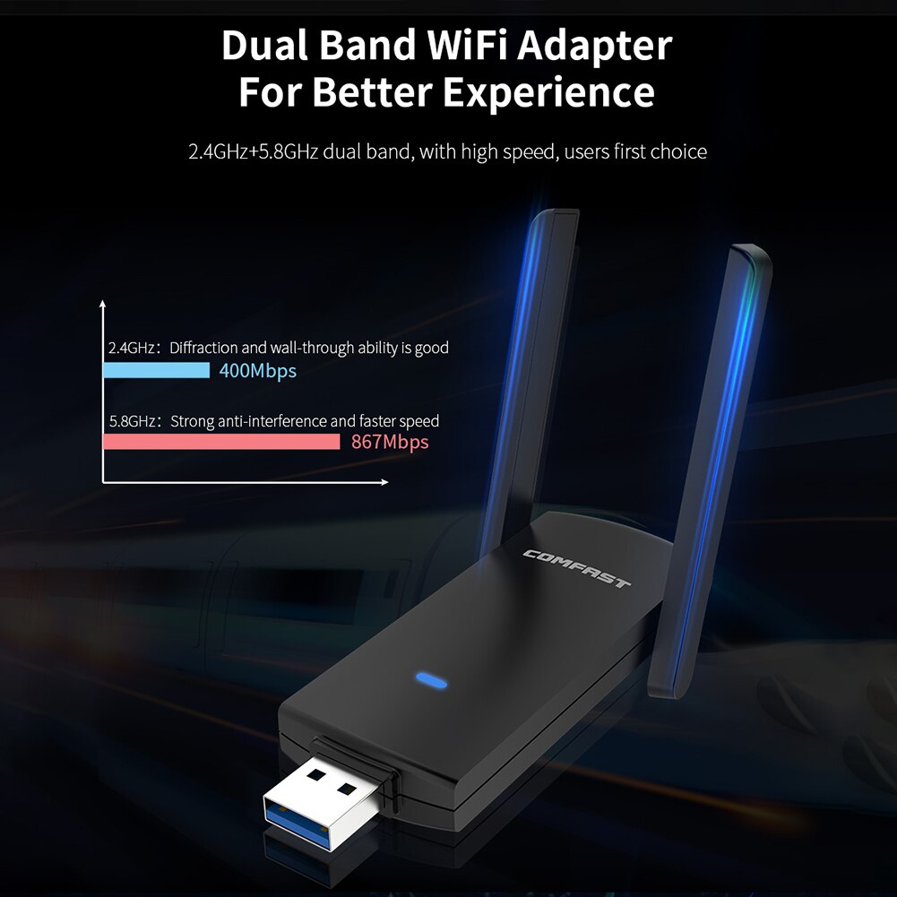 USB Wifi Adapter 1300Mbps RTL8812BU Dual Band for PC Black Ethernet WiFi Dongle External Antenna Wi Fi Receiver Network Card