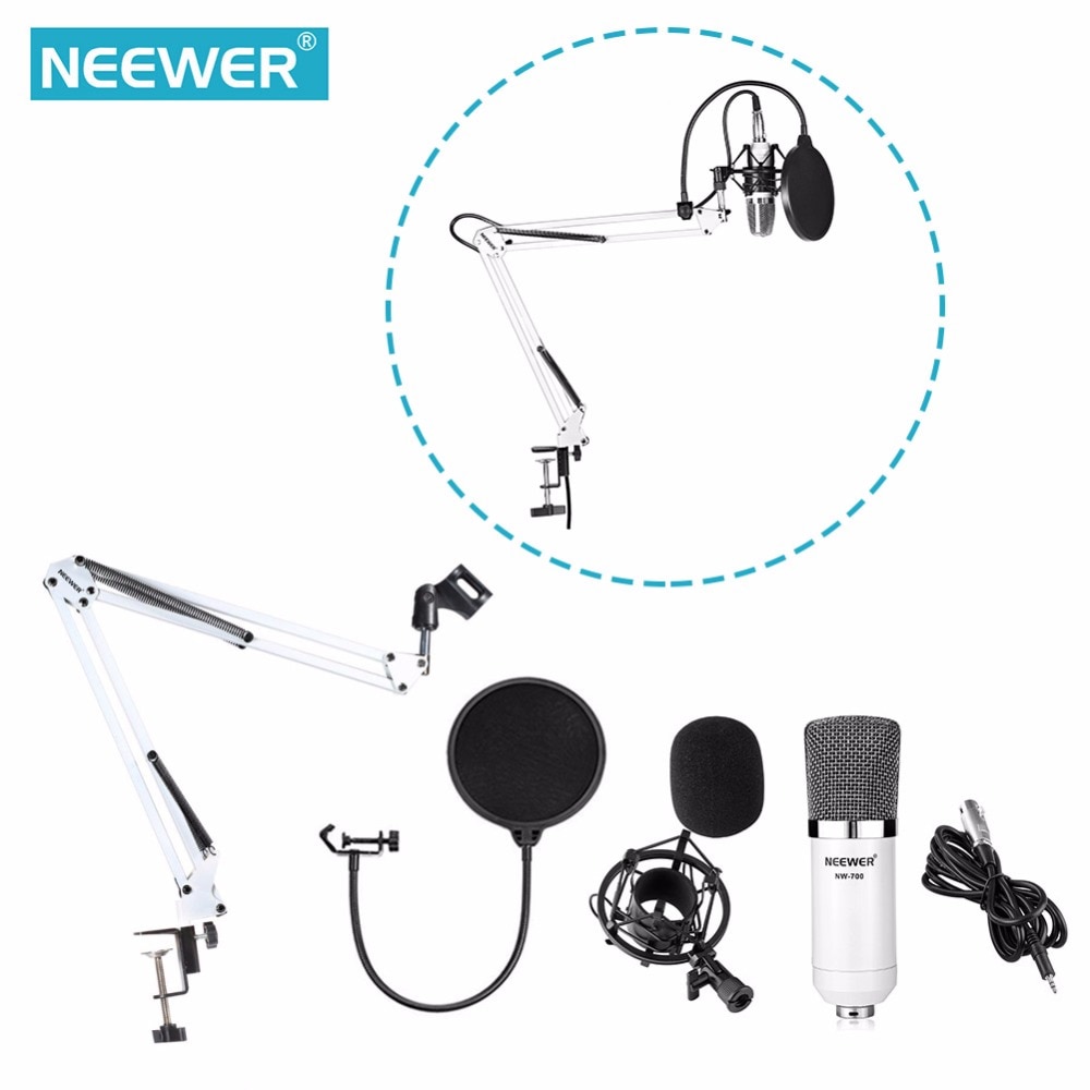 Neewer NW-700 Kit de micro, comprend: (1) Microphone à condensateur + (1) pied de Microphone + (1) filtre anti-Pop + (1) support anti-choc blanc