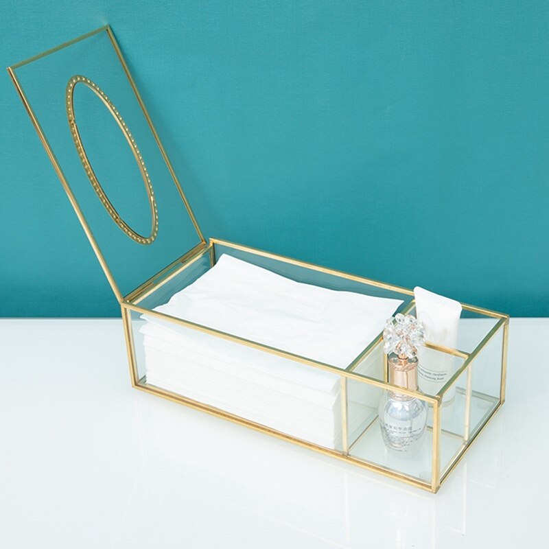 Gold Tissue Box Rectangular Clear Glass Paper Tissue Box for Home Tissue Dispenser Geometric Glass Tissue Box