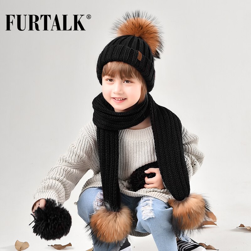 FURTALK Winter Kinderen Hoed Beanie Echte Wasbeer Bont Pompom Hoed en Sjaal Meisjes Bont Hoeden Jongens Caps Sjaals HTWL029
