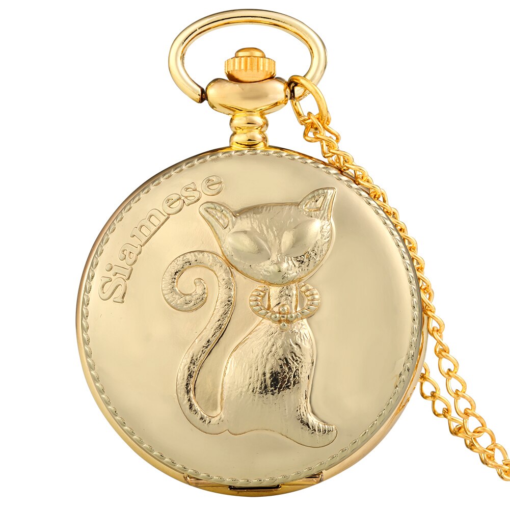 Antieke Leuke Amerikaanse Korthaar Quartz Zakhorloge Opluchting Goud Kleur Vintage Horloge Voor Man Vrouwen Best Reloj De Bolsillo: Siamese cat