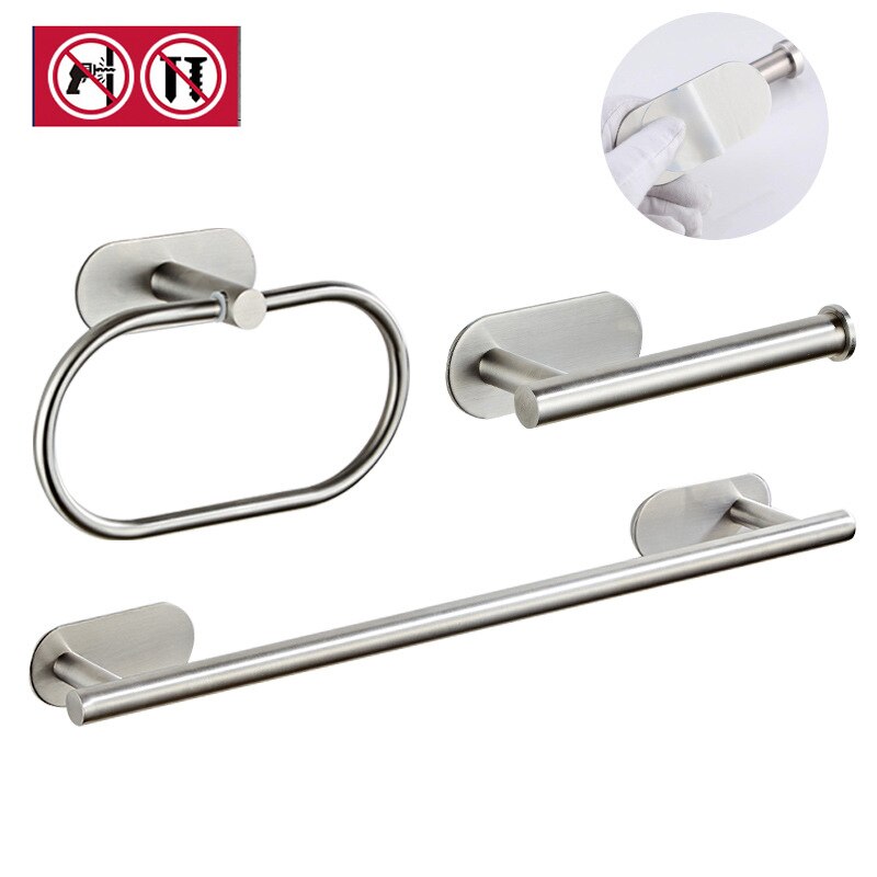 Badkameraccessoireset 3m zelfklevende roestvrijstalen handdoekhouder met geborstelde afwerking, badjashaken, handdoekring en toiletrolhouder: 3 stuks sets