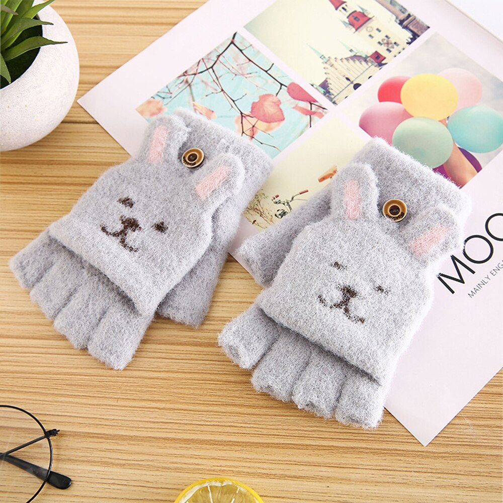 1 par conejo oreja Flip-top guantes de niño chico esponjoso de manopla de mitad de dedo de dibujos animados de invierno guantes: grey