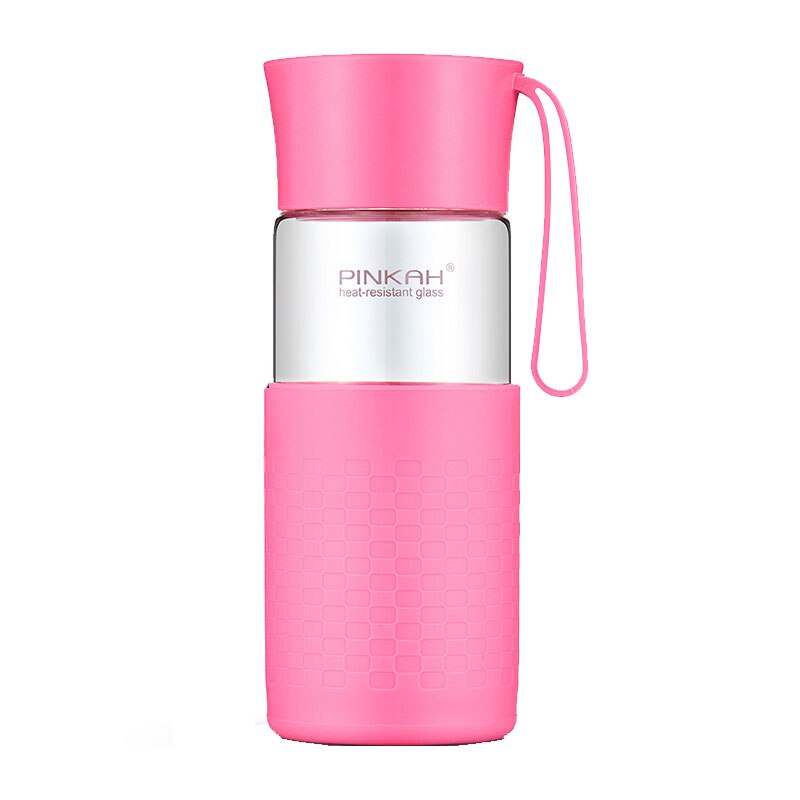 Pinkah glas vattenflaska bpa fri hög borosilikat glas tekopp läckagesäker bärbar med skyddande silikonfodral 400/500ml: Rosa / 400ml