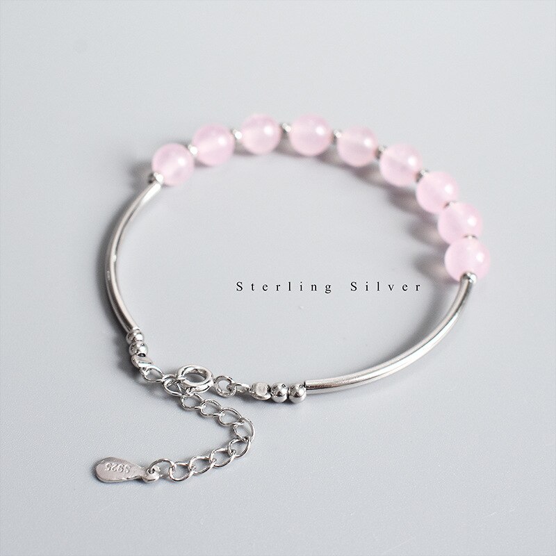 Pulsera de plata de ley 925 de cuarzo rosa Natural para mujer, brazalete de cadena, accesorios de joyería fina, YBR165