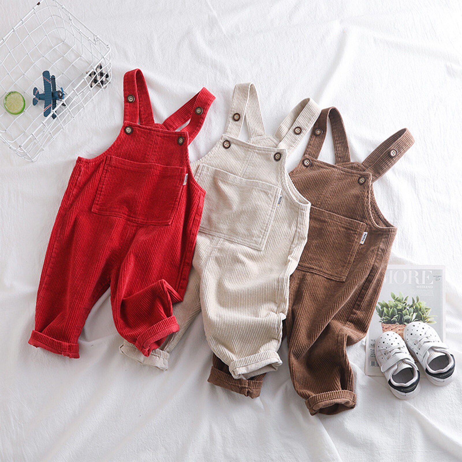 Pantalones de tirantes para bebé y niña, Pelele con pana de Color sólido, pantalones largos con tiras de pana y Bolsillo grande