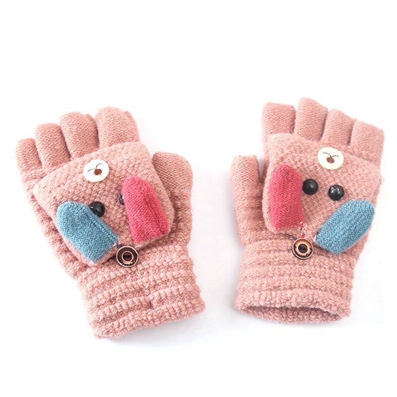 Winter Warm Childrens Gloves Student Kids Cashmere Knitted Flip Half Finger Gloves Girl Boy Cute Cartoon Puppy Crochet Mitten: PK