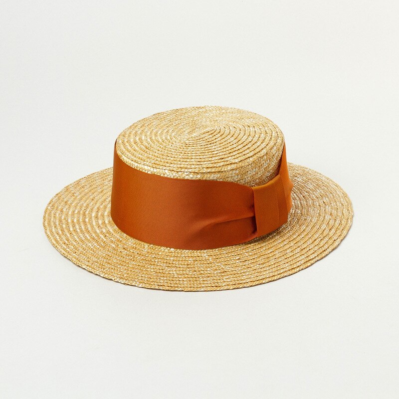 100% Wheat Straw Timeless Grosgrain Ribbon Decorated Canotier Boater Flat Top Sun Hat: Terracotta bow