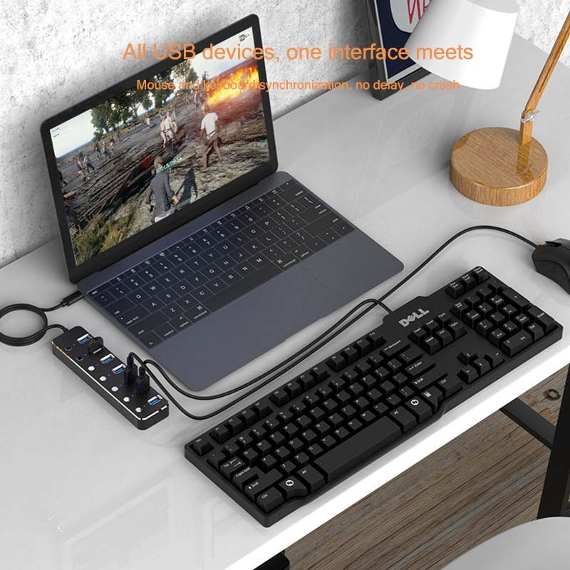 Aluminium 7-Port Usb 3.0 Hub 60/120Cm Kabel Sub-Schakelaar 5Gbps Led Indicator hub Oplaadbare Splitter Voor Multi Usb Apparaten