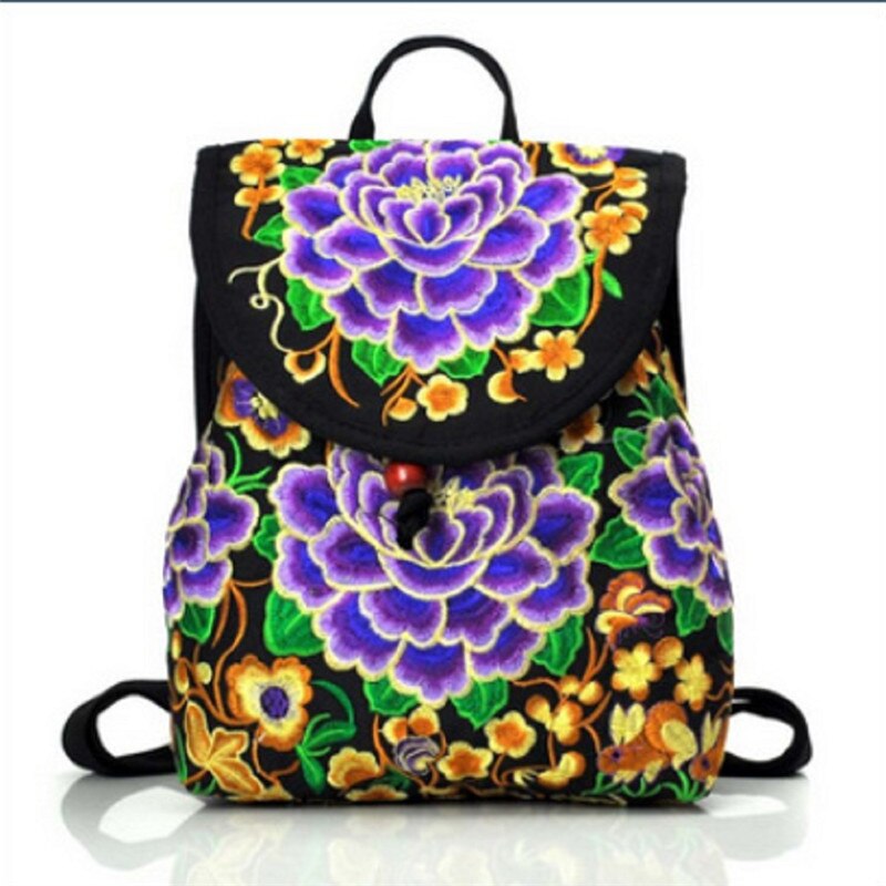 Vintage Floral Peony Embroidery Ethnic Canvas Backpack Women Handmade Travel Bags Schoolbag Backpacks Rucksack: B / Small