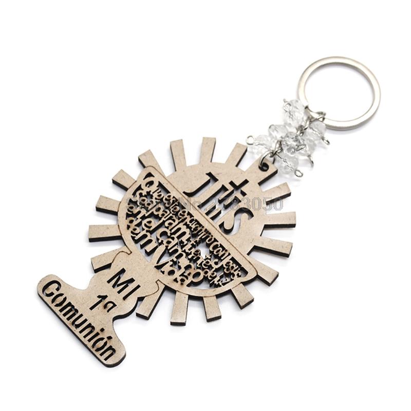 QX2E Key Ring Round Hang Hoop Angel Boys Girls Love Holy Grail Cross Wooden Pendants Keychain DIY Wedding Decorations: 3